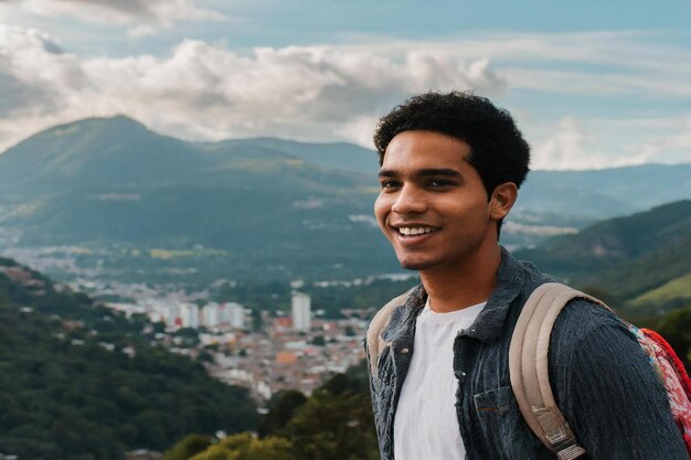 un homme avec un sac à dos sourit à la caméra