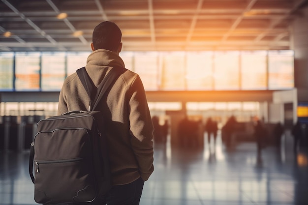 Un homme avec un sac à dos traversant un aéroport