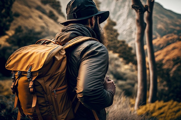 Homme avec sac à dos de voyage de randonnée errant entre les arbres à flanc de montagne