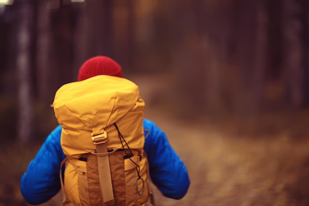 homme avec sac à dos vue de dos, randonnée dans la forêt, paysage d'automne, dos de touriste avec sac à dos