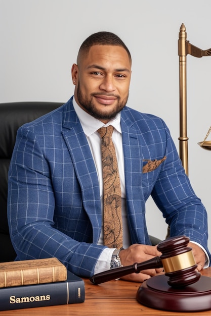 Photo un homme samoan en costume assis à un bureau avec un marteau devant lui