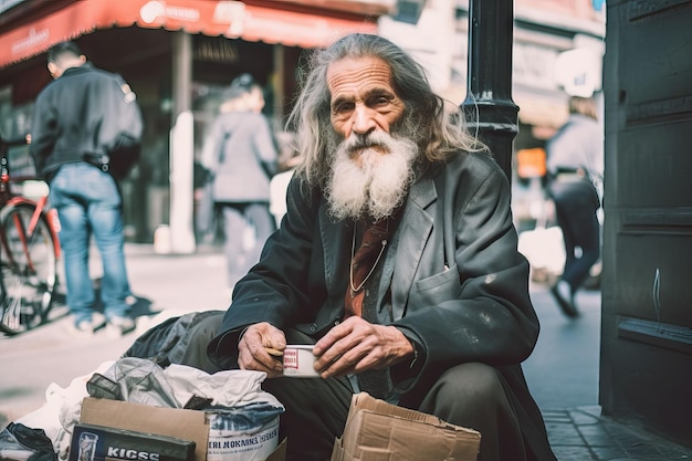 Un homme sans abri âgé aux cheveux longs et à la barbe à Buenos Aires, en Argentine, généré par l'IA.