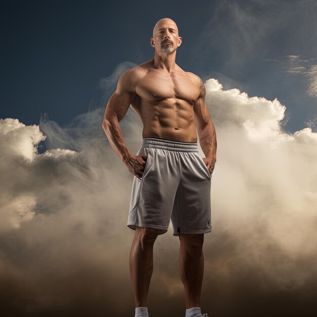 Photo un homme sans chemise se tient devant un nuage