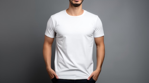 un homme sans visage portant un t-shirt blanc uni sur un fond minimal