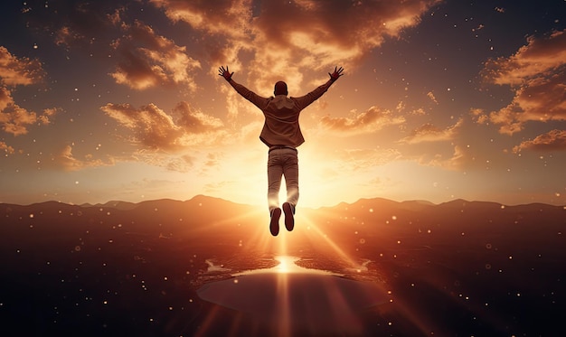 Photo un homme sautant en l'air devant un coucher de soleil