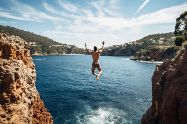 Photo un homme sautant d'une falaise dans l'océan