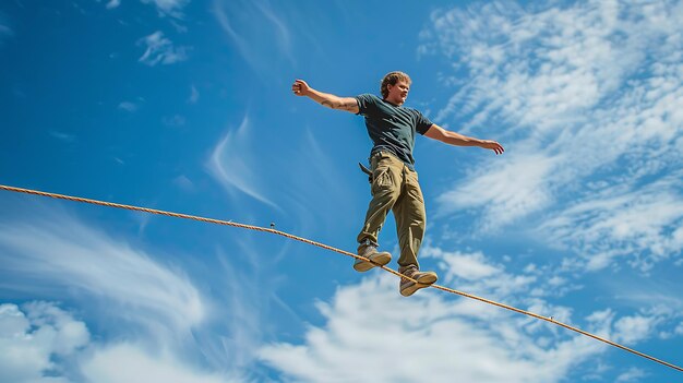 un homme saute dans le ciel sur une corde