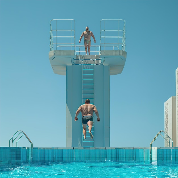 Photo un homme saute dans une piscine avec une échelle sur le dessus