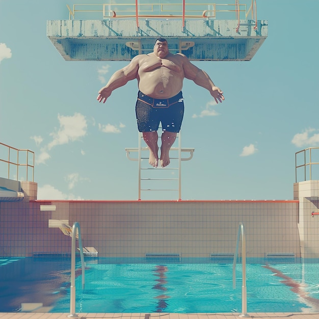 Un homme saute dans une piscine avec un panneau qui dit s