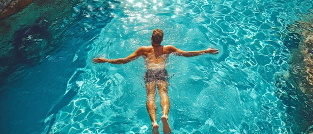 Un homme saute dans la piscine.