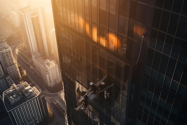Un homme saute d'un gratte-ciel au coucher du soleil.