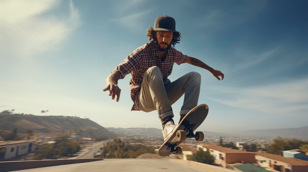 un homme saute sur une planche à roulettes avec un chapeau