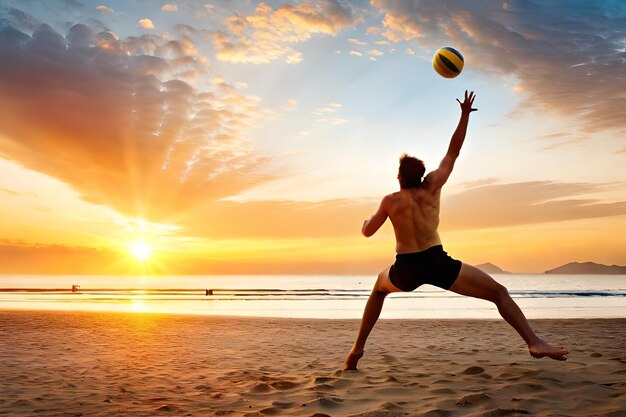 Photo un homme saute pour attraper une balle de volley sur la plage.