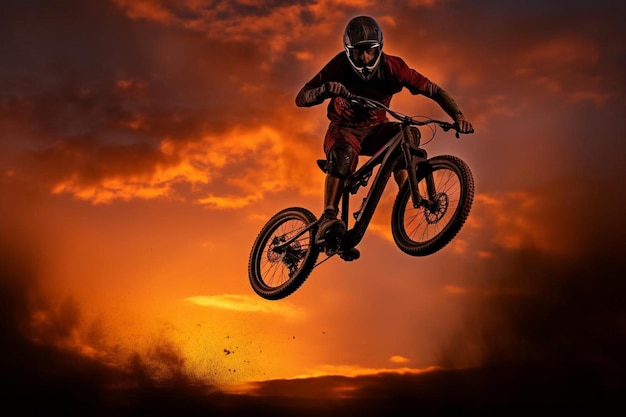 Un homme saute un vélo dans les airs avec un coucher de soleil en arrière-plan.