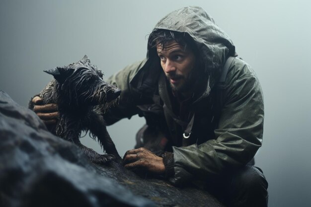 Un homme sauve un animal d'une falaise sous la pluie