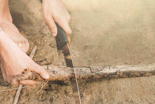 Homme sciant une branche sur le sable