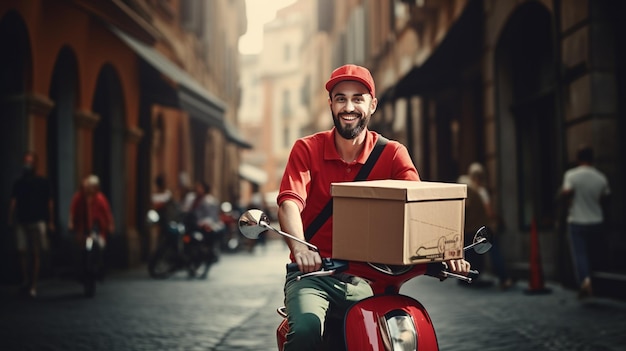 un homme sur un scooter avec une boîte sur le dos.