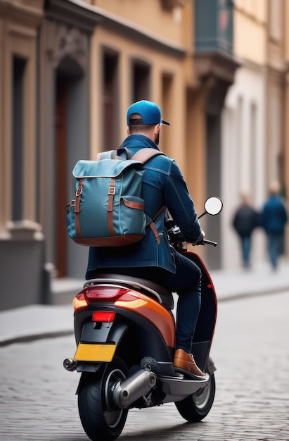 Un homme sur un scooter avec un sac à dos avec le dos à la caméra