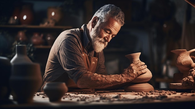 Un homme sculpte un vase d'argile