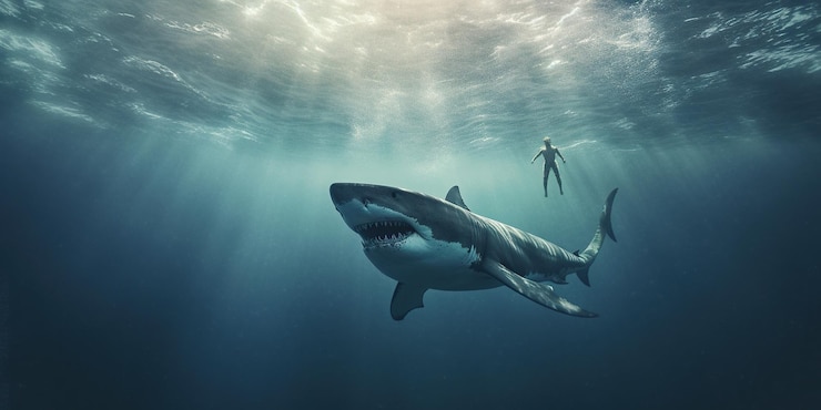 Photo un homme se bat pour sa vie alors qu'un requin implacable lance une attaque féroce pendant sa nage en pleine mer generative ai