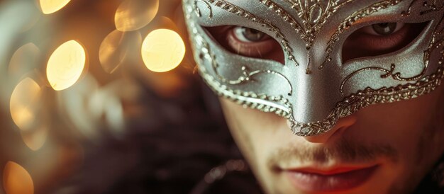 Photo un homme se cachant au bal masqué portant un masque d'argent