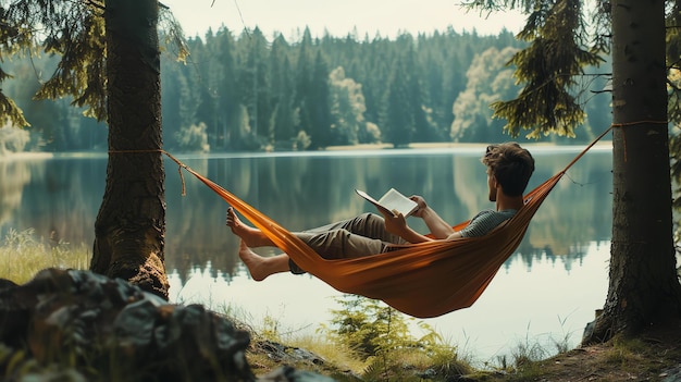 Photo un homme se détend dans un hamac et lit un livre le hamac est suspendu entre deux arbres dans une forêt il y a un lac en arrière-plan