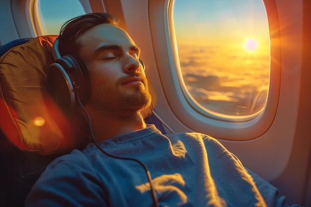 Un homme se détend avec des écouteurs dans un avion généré par l'intelligence artificielle