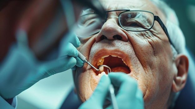 Un homme se fait examiner les dents par un dentiste