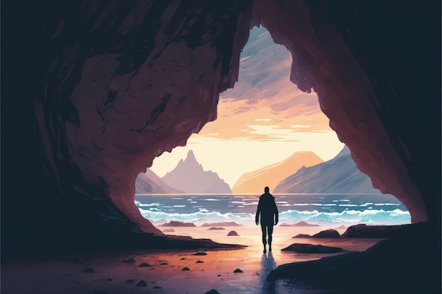 Homme se promenant dans la caverne de la mer au coucher du soleil Concept fantastique Peinture d'illustration AI générative