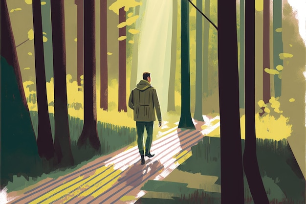 Un homme se promenant dans une forêt magnifique Concept de fantaisie Peinture d'illustration AI générative