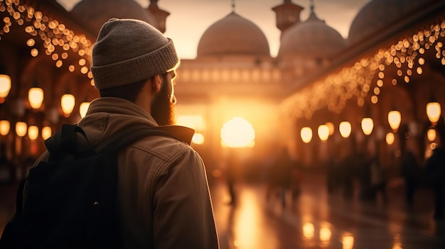 Un homme se promène dans la direction d'une mosquée au crépuscule AI générative