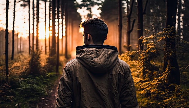 Un homme se promène dans une forêt avec le soleil se couchant derrière lui.