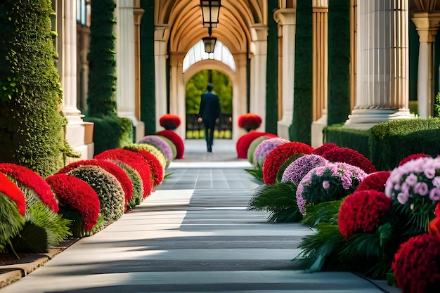 Un homme se promène dans un jardin fleuri.