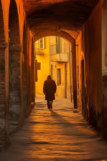 Photo un homme se promène dans une ruelle le soir.