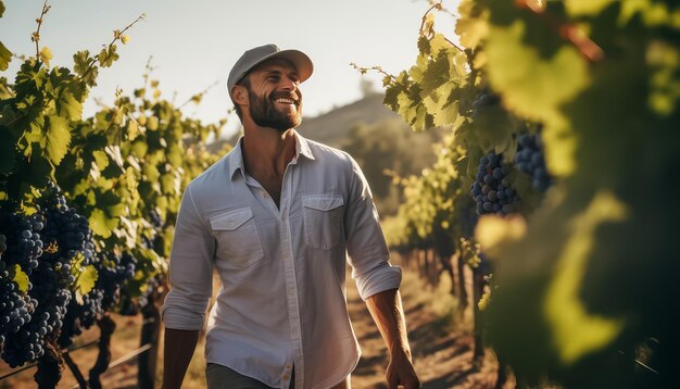 Un homme se promène dans une vigne en souriant et en appréciant le paysage.