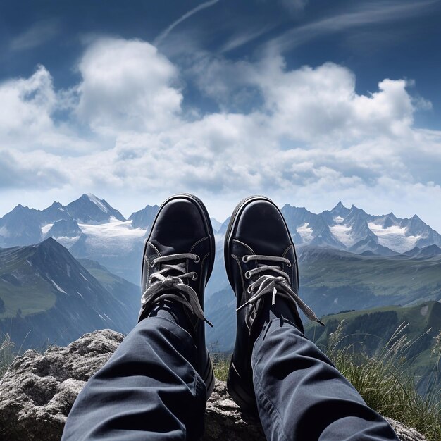 Photo l'homme se repose au sommet de la montagne.