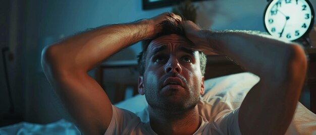 Photo un homme se réveille et éteint son réveil après une nuit d'insomnie stressé et fatigué, il est prêt pour une journée de résolution de problèmes.