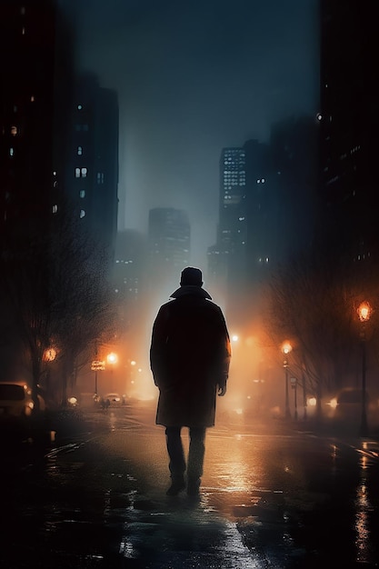 Un homme se tient au milieu d'une rue sombre avec une ville en arrière-plan.