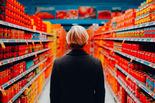 Un homme se tient au milieu d’un supermarché Vue arrière