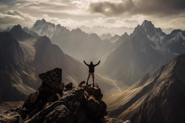 Un homme se tient au sommet d'une montagne, les bras levés au-dessus de sa tête.