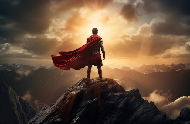 Un homme se tient au sommet d'une montagne avec une cape de Superman Réussir