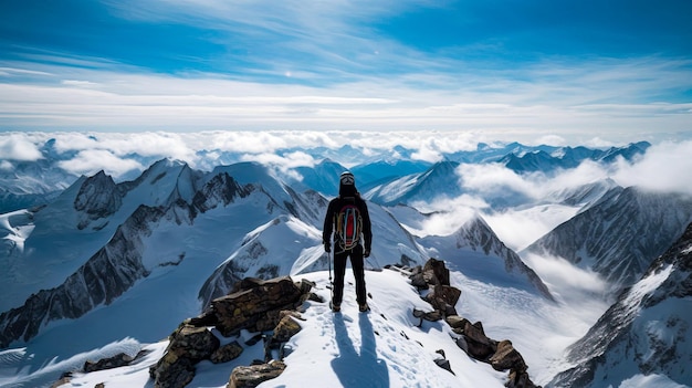 Un homme se tient au sommet d'une montagne enneigée en regardant les montagnes.