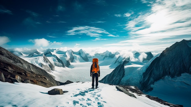 Un homme se tient au sommet d'une montagne enneigée en regardant les montagnes.