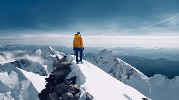 Un homme se tient au sommet d'une montagne enneigée