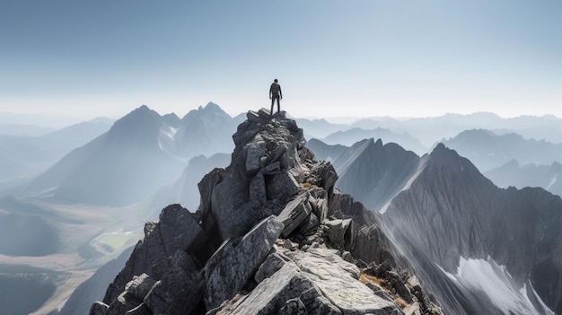 Un homme se tient au sommet d'une montagne avec des montagnes en arrière-plan.