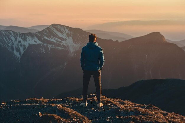 Un homme se tient au sommet de la montagne et profite de la vue du coucher de soleil