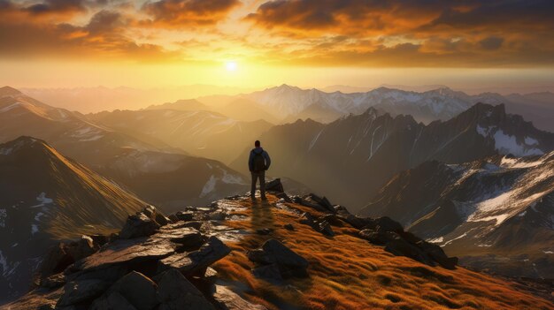 Un homme se tient au sommet d'une montagne en regardant le coucher du soleil.