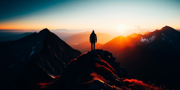 Un homme se tient au sommet d'une montagne en regardant le soleil