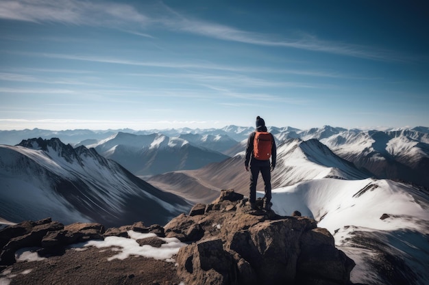 Un homme se tient au sommet d'une montagne et regarde les montagnes.