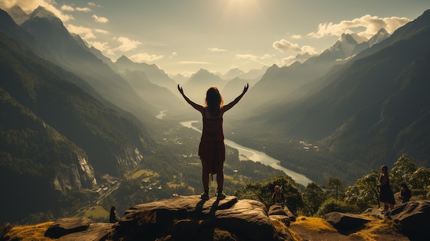 Un homme se tient au sommet d'une montagne et regarde la vallée.